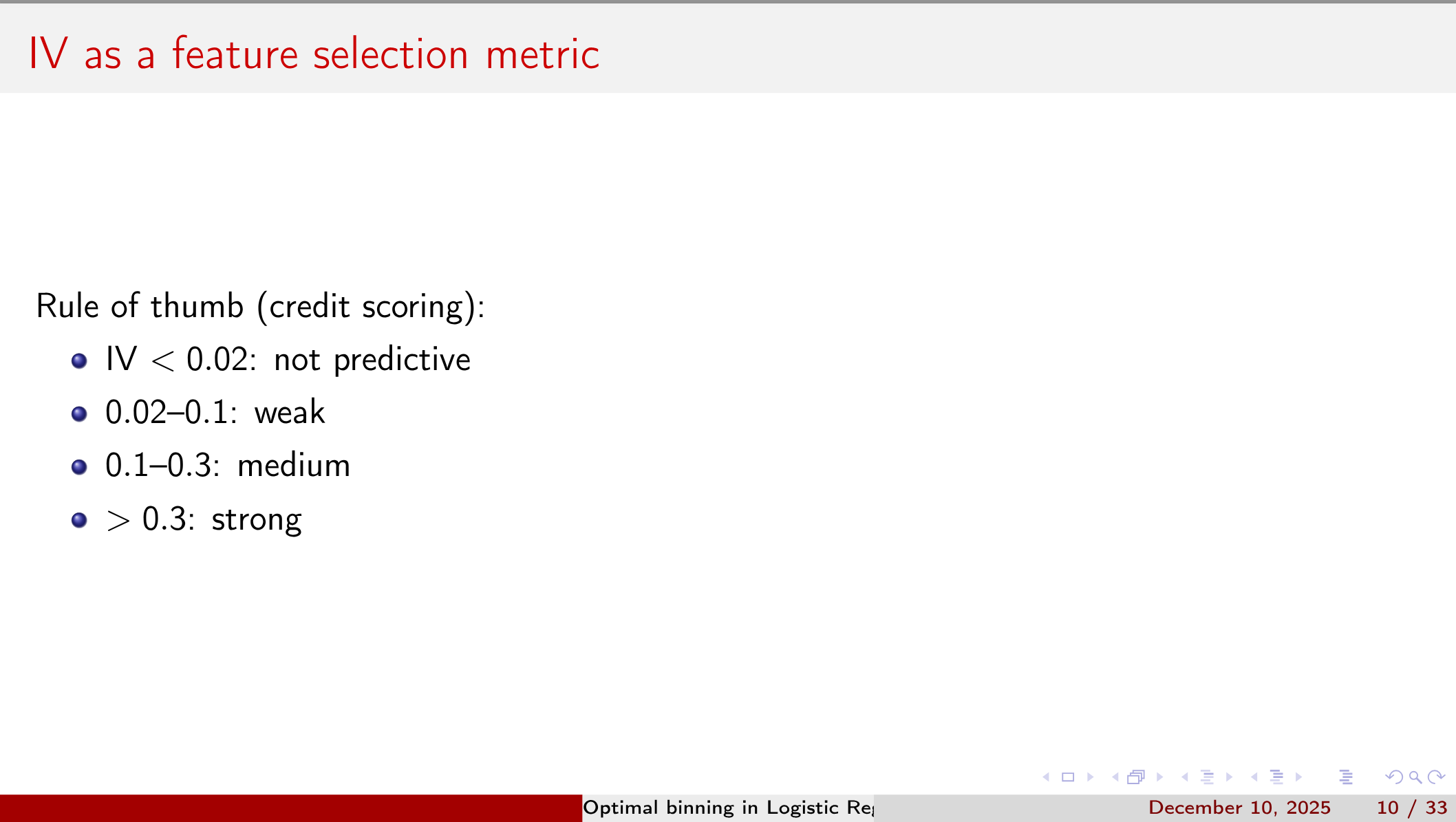 IV as a feature selection metric