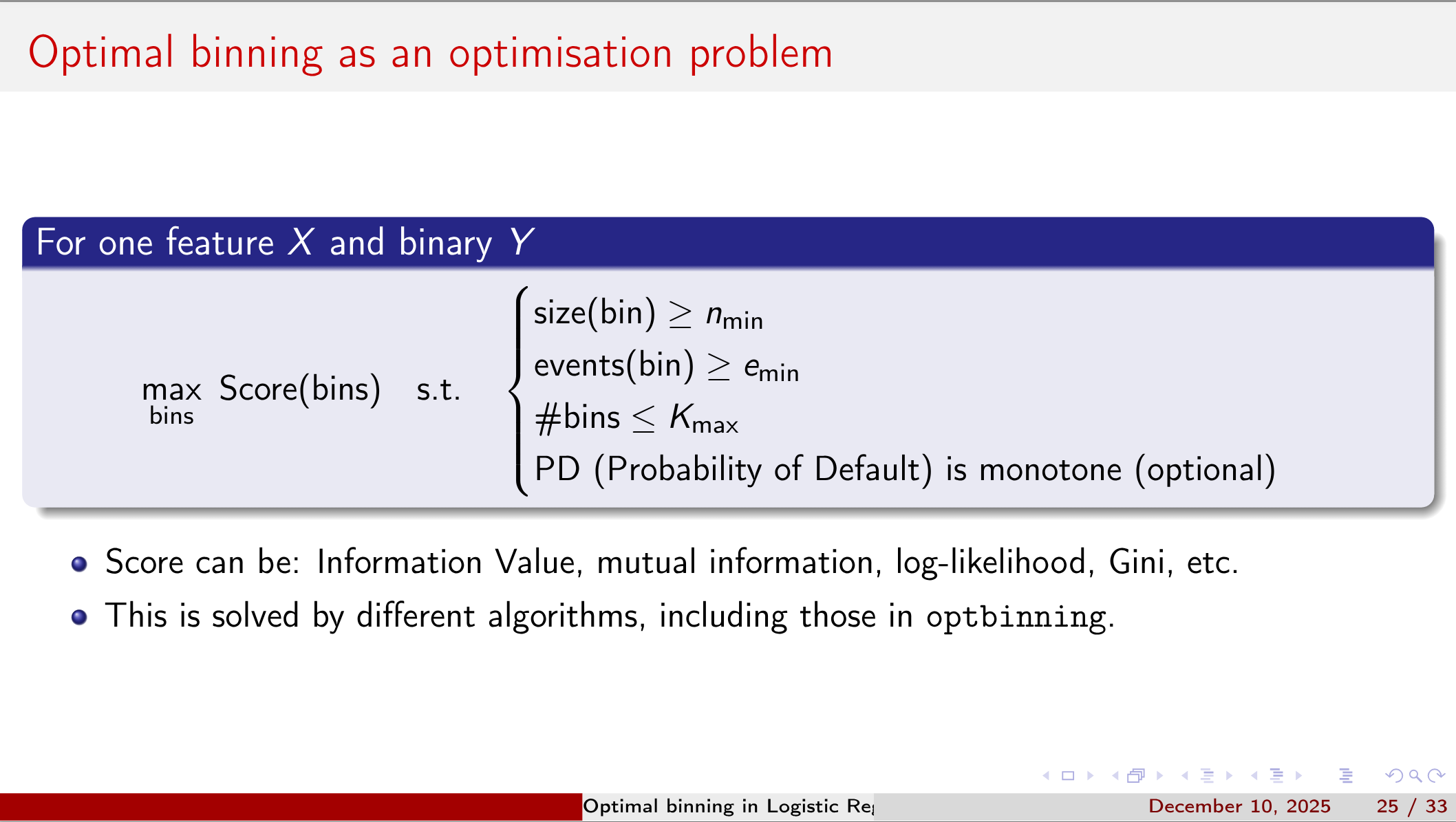 Optimal binning as an optimisation problem