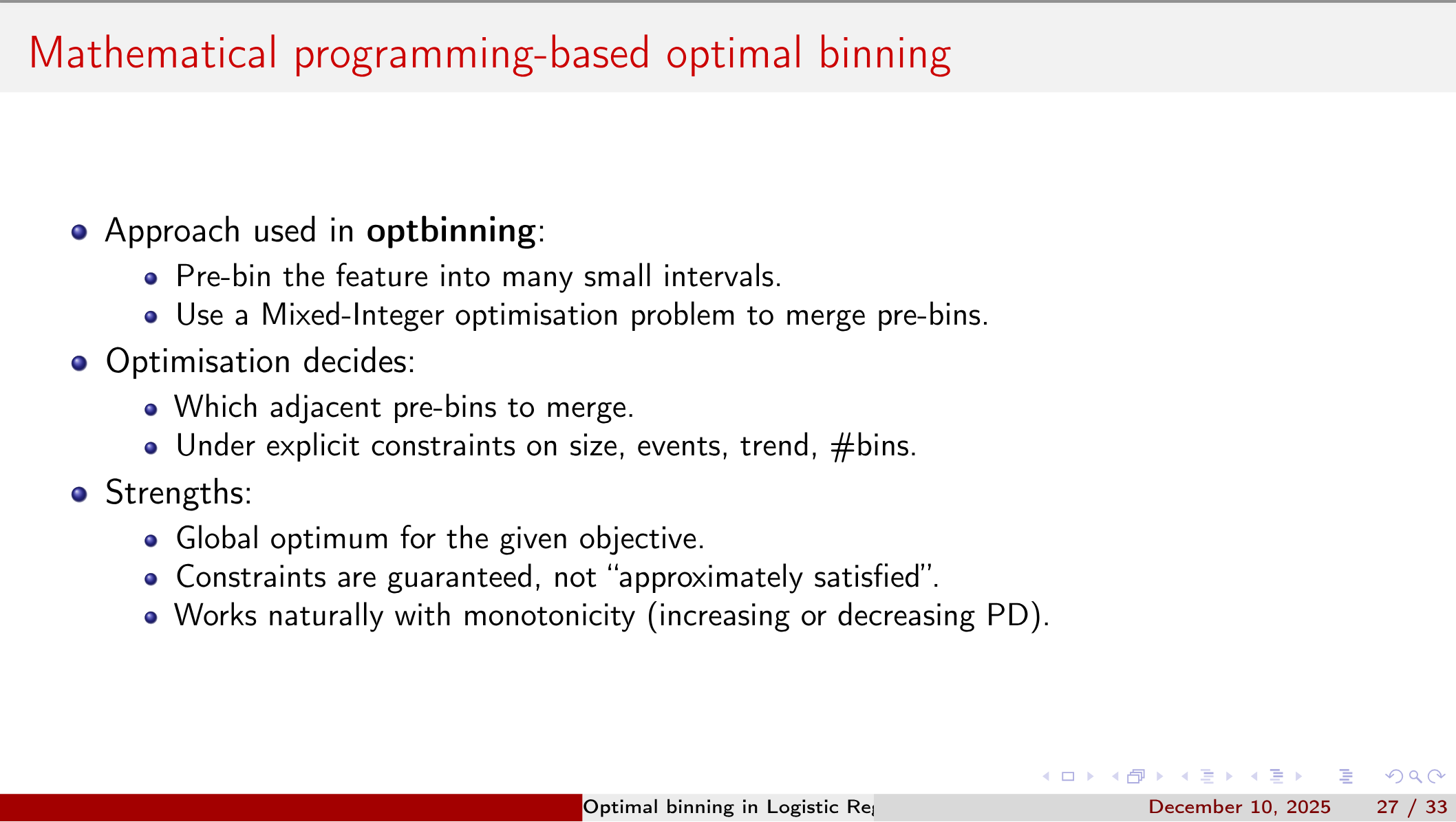 Mathematical programming-based optimal binning