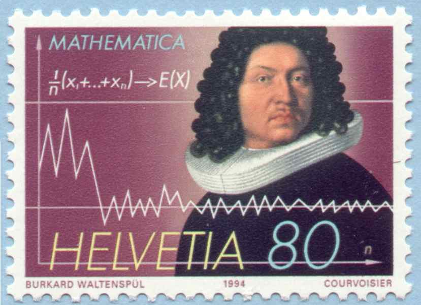 A Swiss stamp issueed in 1994 depicting Mathematician Jakob Bernouilli and the formula and diagram of the law of large numbers